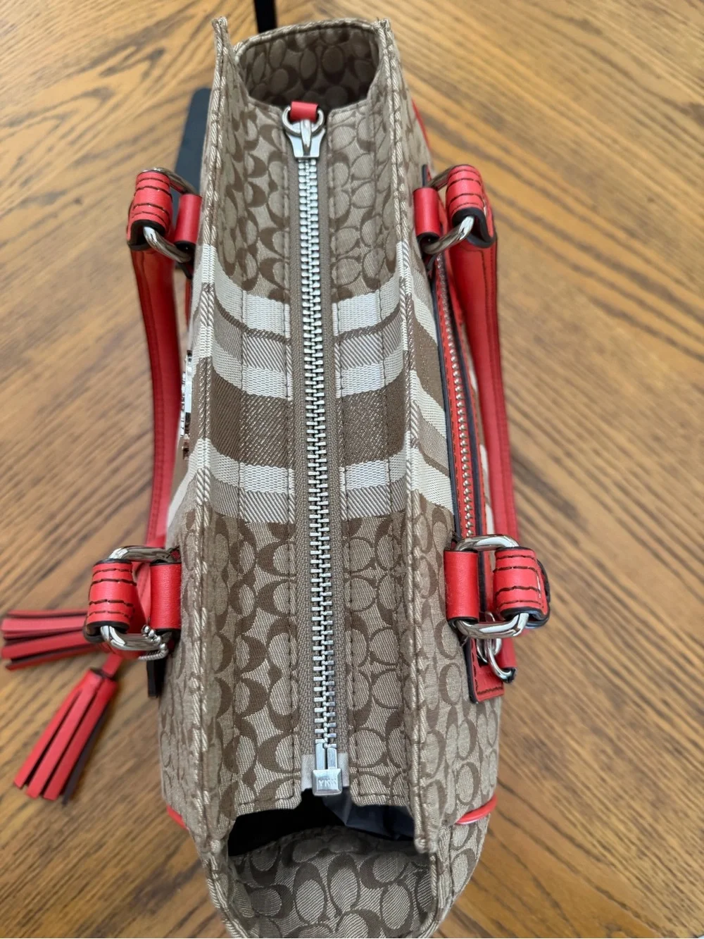 SOLD! Coach Legacy Signature Stripe Tote in Coral/Red and Brown